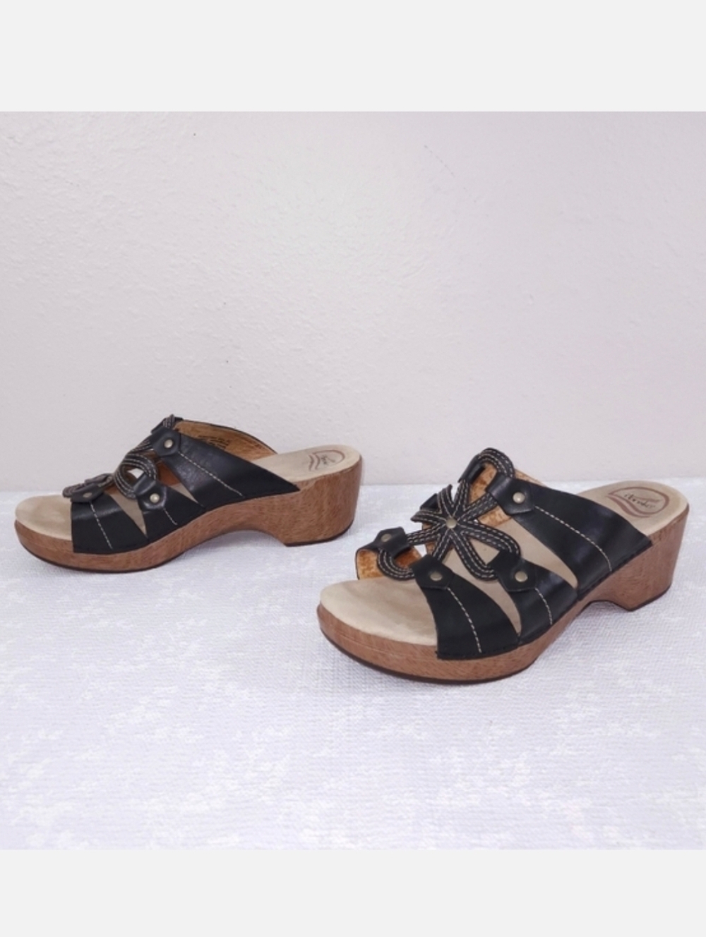 DANSKO Serena Black Leather Flower Studded Slide Clog Sandals